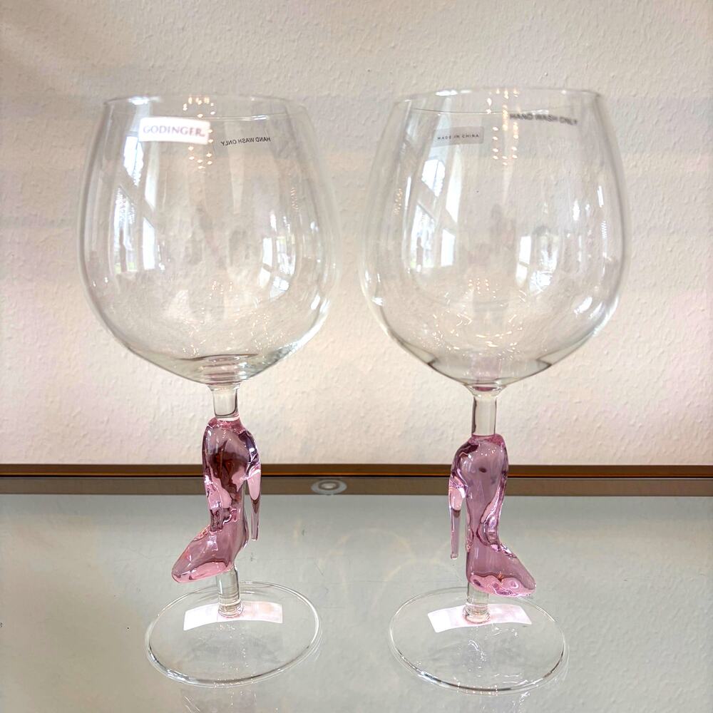 NEW Godinger Pink Runway High Heel Glass Goblet Set of 2 Chic Barware 20oz